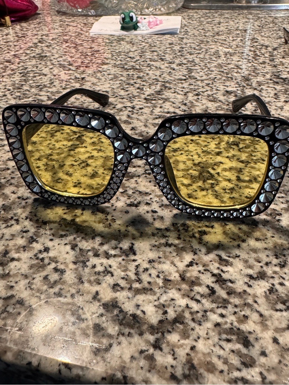 Embellished Oversized Square Sunglasses - Yellow Lenses